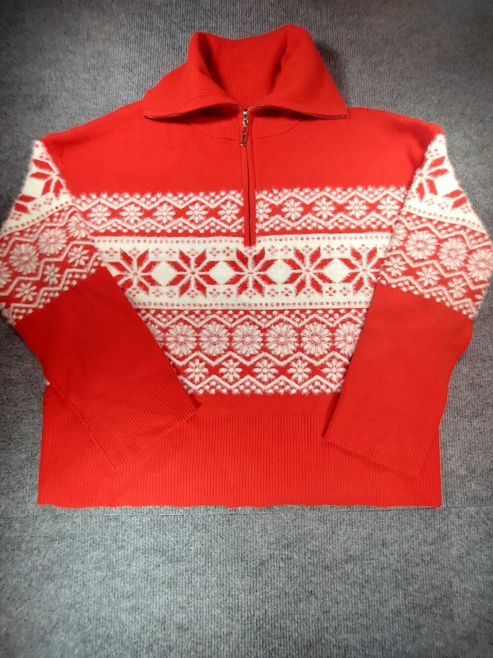 Rachel Zoe Women Red Fair Isle Half-Zip Sweater Nordic Snowflake Size Large NWT